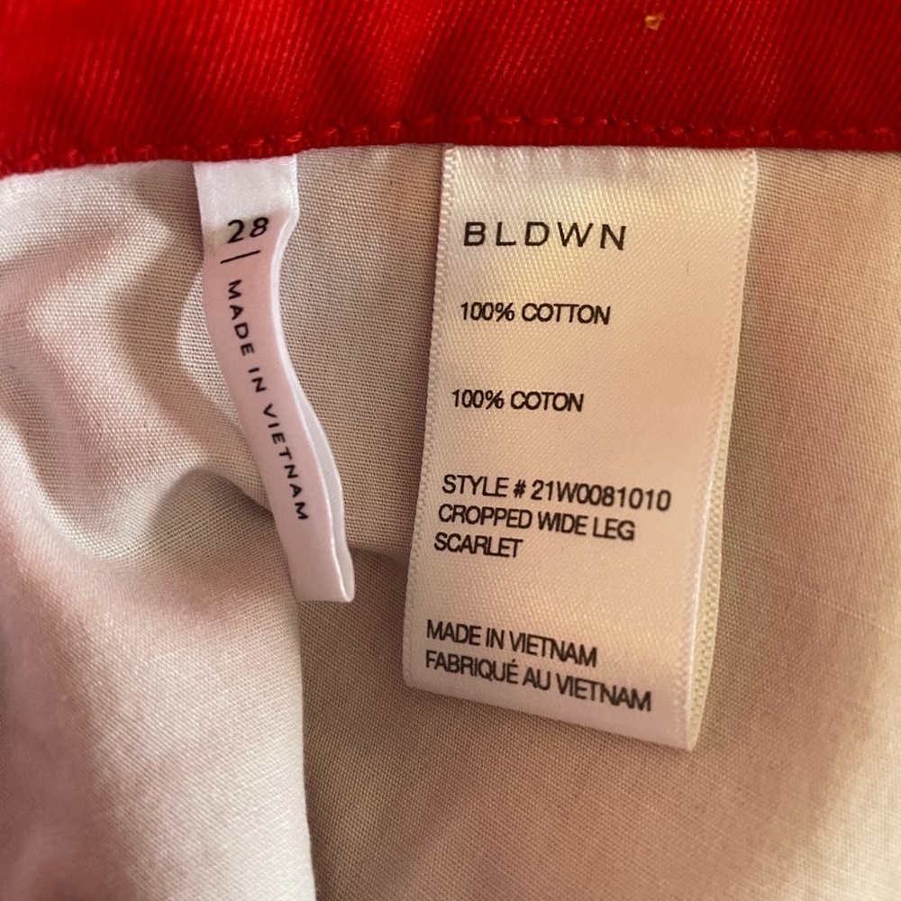 NWOT BLDWN Scarlet Red White Wide Leg High Waist Crop Cotton Pants size 28 NEW - Picture 2 of 5